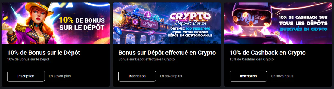 Promotions crypto du casino MyStake avec bonus de dépôt de 10 %, 100 free spins et cashback de 10 % sur les dépôts en cryptomonnaie